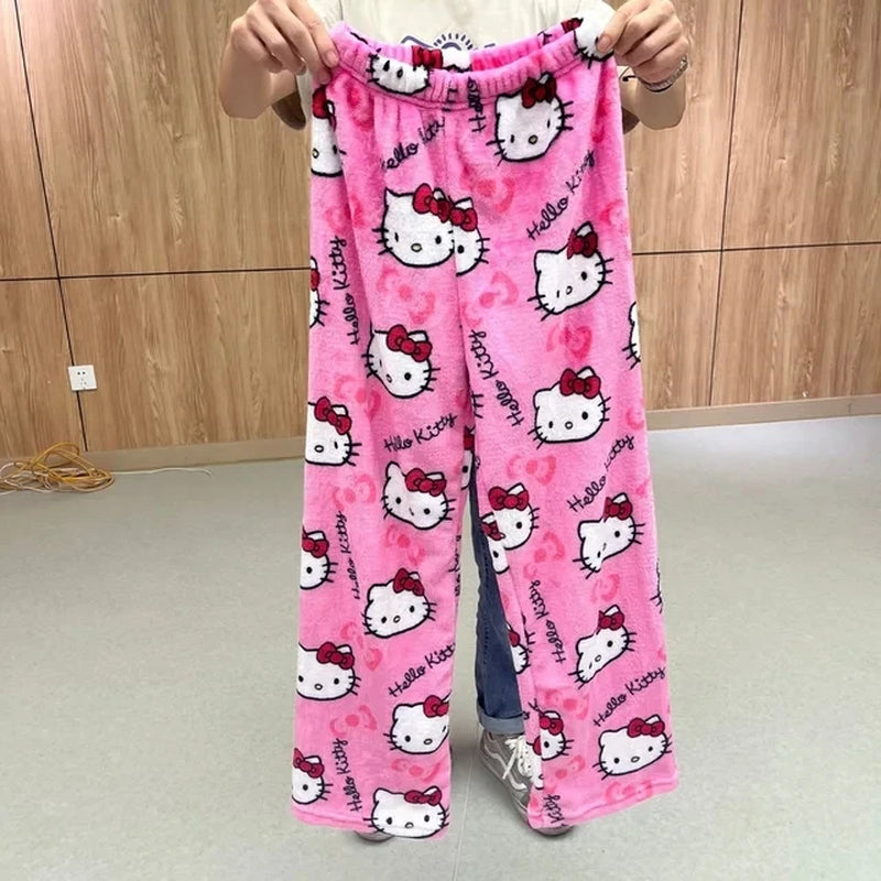 Sanrio Hello Kitty Flannel Pajamas Halloween Orange Women'S Warm Woolen Cartoon Casual Home Pants in Autumn Winter Fashion Trous