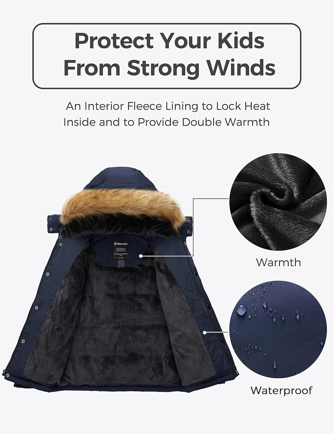 Boys' Winter Coat Warm Puffer Coat Waterproof Winter Jacket with Faux Fur Hood